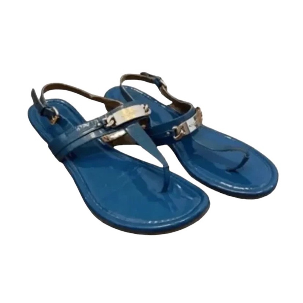 Coach Caterine Blue Patent flat sandals with gold hardware